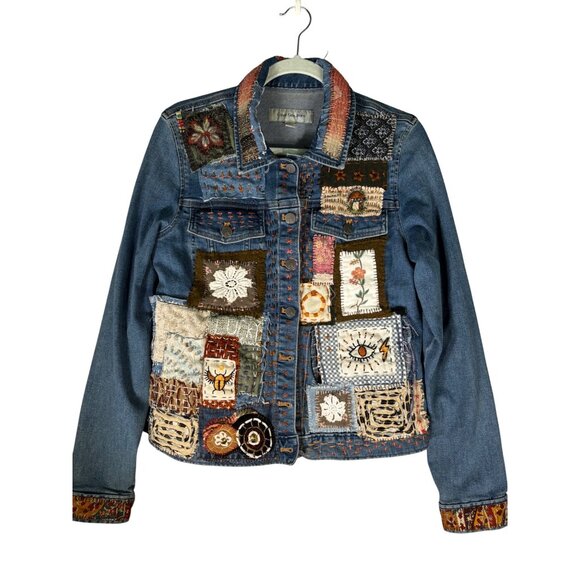 Calvin Klein Altered Hand Embroidered Upcycled Patched Denim Jacket - Picture 9 of 16